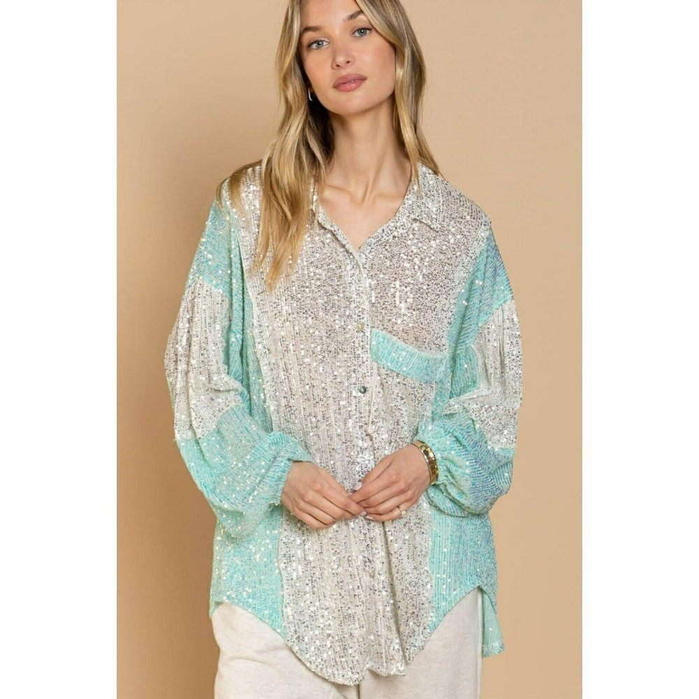 SALE! POL CLOTHING Sequin Block Sleeve Button Up Top in White and Aqua SMT2045 - Picture 2 of 7
